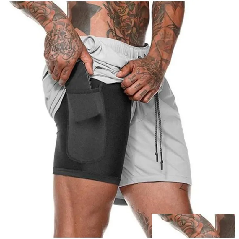 Men 2 in 1 Running Shorts Gym Fitness Bodybuilding Training Quick Dry Beach Short Pants Male Summer Workout Crossfit Bottoms1