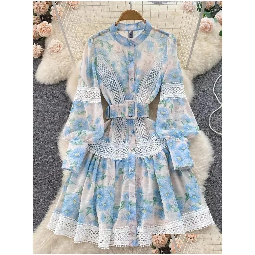 Basic & Casual Dresses Women Single Breasted Lantern Sleeve Floral Print Belt Vestidos 2023 Fashion Embroidery Lace Hollow Out Stitch Dhdrz
