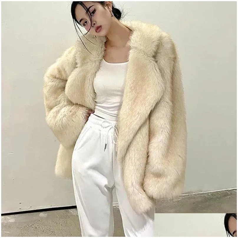 Women`s Fur Faux Coat Women Winter Warm Cardigan Jacket Lambswool MidLength Lapel Loose Plush Oversized Teddy 231101