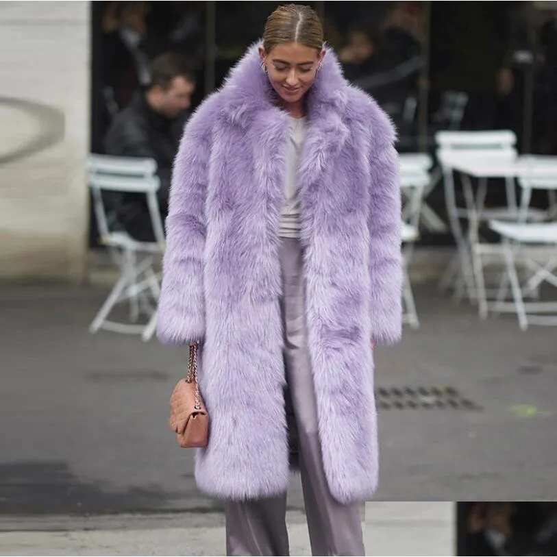 Women`s Fur Winter Spring Women Faux Coat Luxury Long Loose Lapel European OverCoat Thick Warm Female Plush Coats