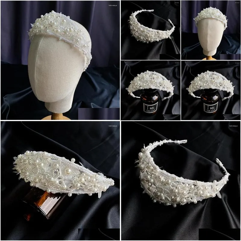 Hair Clips Vintage White Pearl Princess Hairband Tiaras Handmade Geometric Mesh Hairbands Wedding Bridemaid Fairy Headpiece 2023