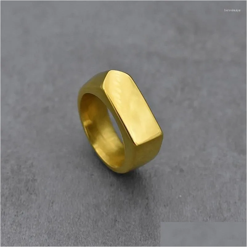 Cluster Rings Flat Top Classic Simple Smooth Stainless Steel Ring Fashion Male Jewelry Accessories Wedding Band Gold Color