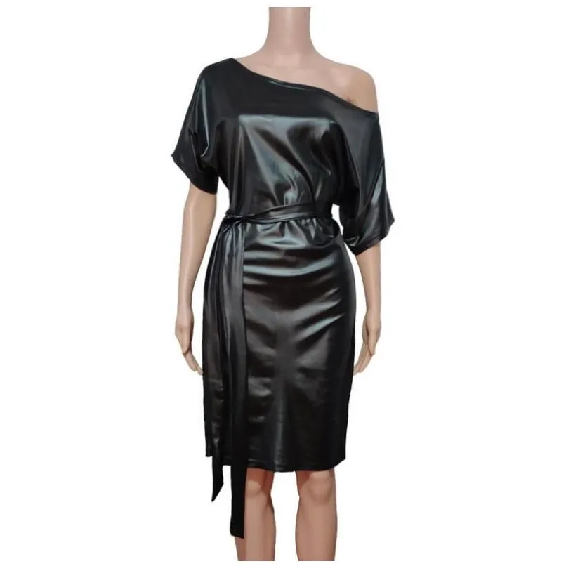 2024 New Casual Dresses Black Sexy Faux Leather Bodycon Dress Woman Summer Long Sleeve Knee Length Dresses