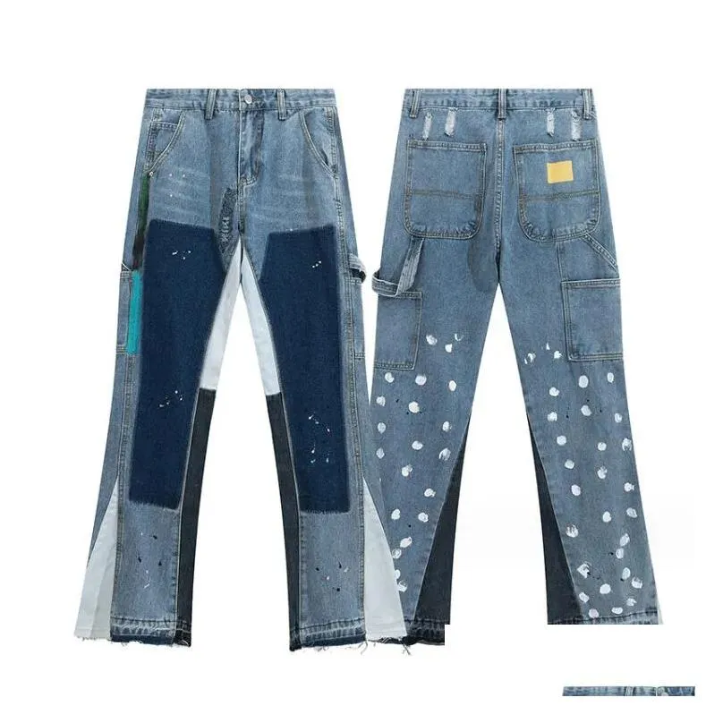 New Men`s Jeans Spliced Wash Vintage And Women`s High Street Speckled Pants Micro Ragged Casual Flared Pant