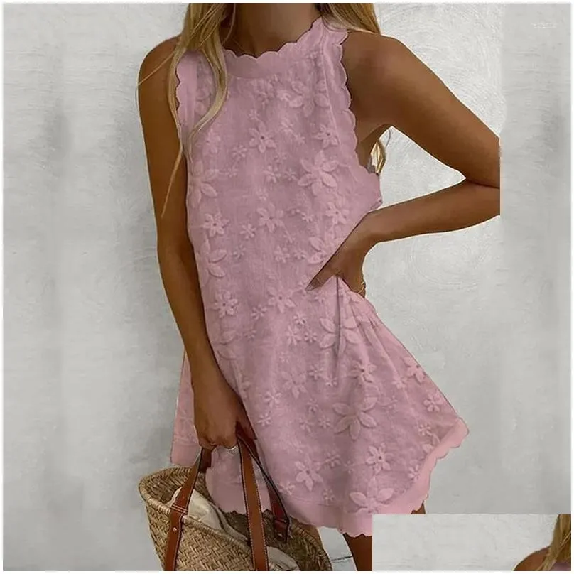 Casual Dresses Women Fashion Embroidered Lace Vest Dress Elegant V Neck Sleeveless Beach Party Ladies Summer Loose Tank Mini