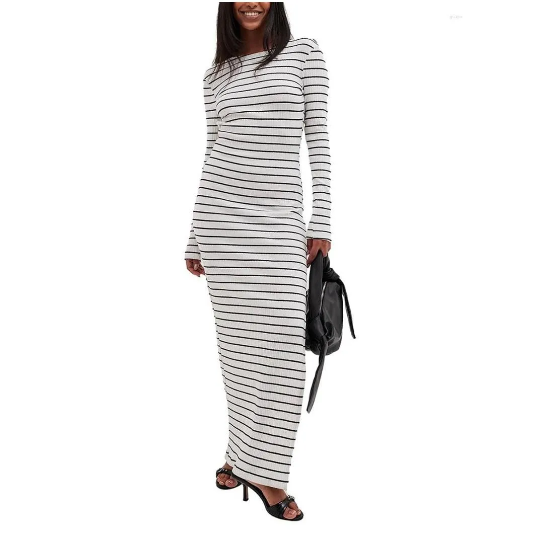 Casual Dresses Women Long Dress Sleeve Crew Neck Backless Striped Slit Fall For Party