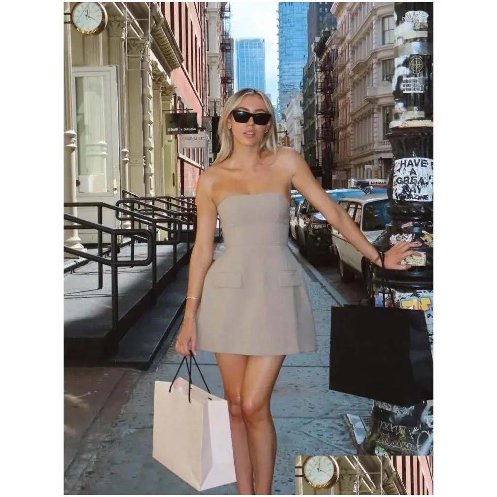 Basic & Casual Dresses Y Solid Strapless Mini Dress For Women Elegant Slim Backless Pockets A-Line 2024 Female Chic High Street Vesti Dhebn