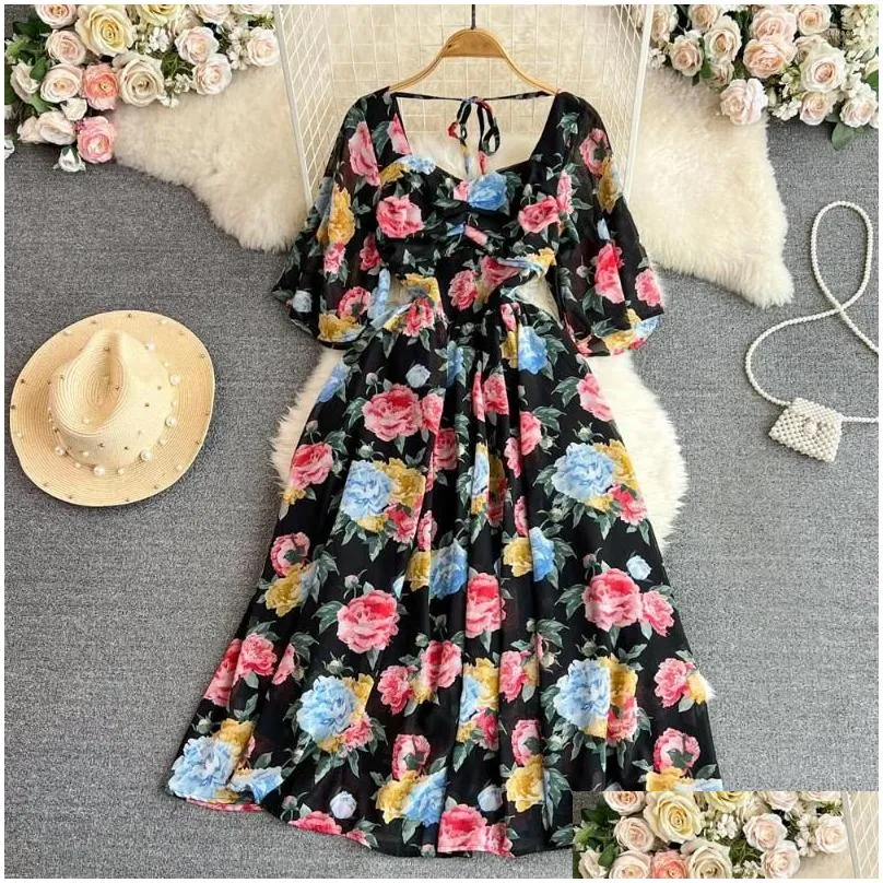 Casual Dresses Summer Retro Style Bubble Short Sleeve Square Neck Waistband Mid Length A-line Fragmented Flower Dress