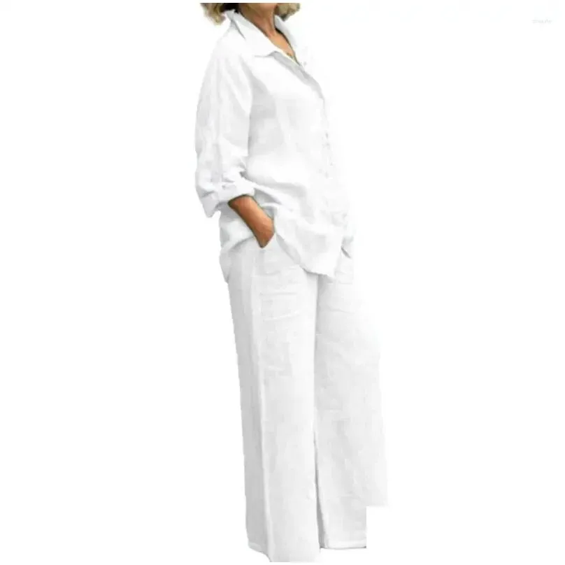 Women`s Two Piece Pants Casual Shirt Set Stylish Autumn 2-piece With Lapel Wide Leg Outfit For A