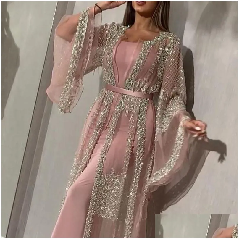 Ethnic Clothing 2021 Black Islamic Luxury Prom Party Dress Dubai Muslim Arabic Ramadan Kimono Abaya Embroidery Lace Sequins 2Pcs Drop Dhesw