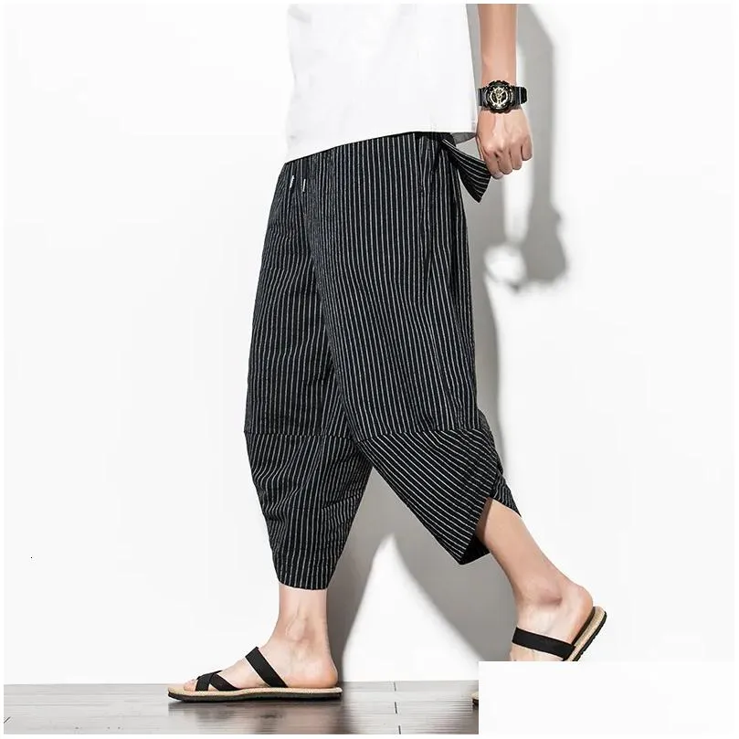 Men`s Pants Baggy Cotton Harem Men 2023 Summer Japanese Vintage Striped Women Hip Hop Plus Size Wide Leg Pantalon 230710
