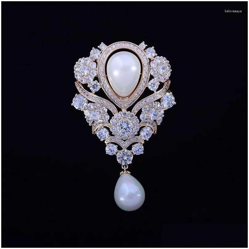 Brooches Art Nouveau Antique Micro Pave Cubic Zirconia White Imitated Pearl Dangle Pear-Shaped Brooch Pins For Wedding Jewelry Broche