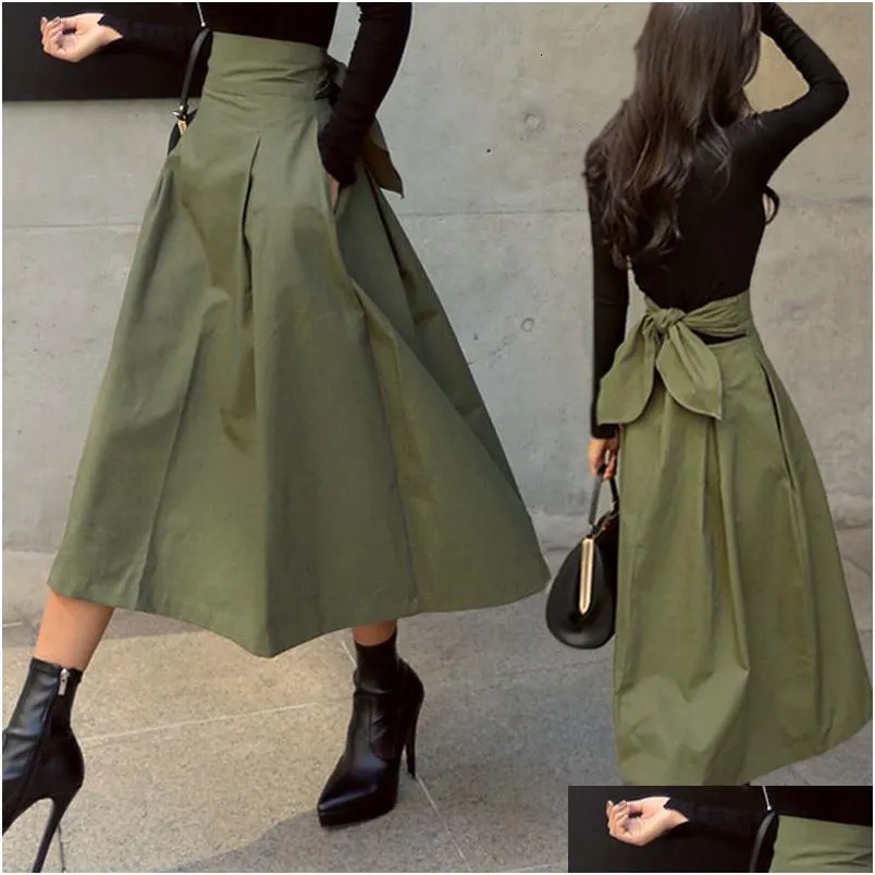 Skirts Shintimes Korean Fashion Solid Color Big Swing Women Skirt Long Autumn Wild High Waist Bow Slim 230710