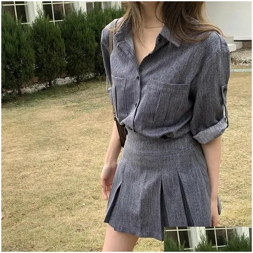 Work Dresses QOERLIN Stylish 2 Piece Skirts Sets Grey Women Outfits Pieces Short Sleeve Summer Shirts Pleated Back Zipper Casual