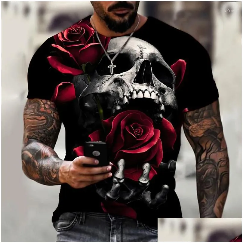 Men`S T-Shirts Mens T Shirts Kyck Brand Skl Rose Romantic 3D Printed And Womens T-Shirt High-Quality Lycra Cotton Short-Sleeved Oversi Dhg2P