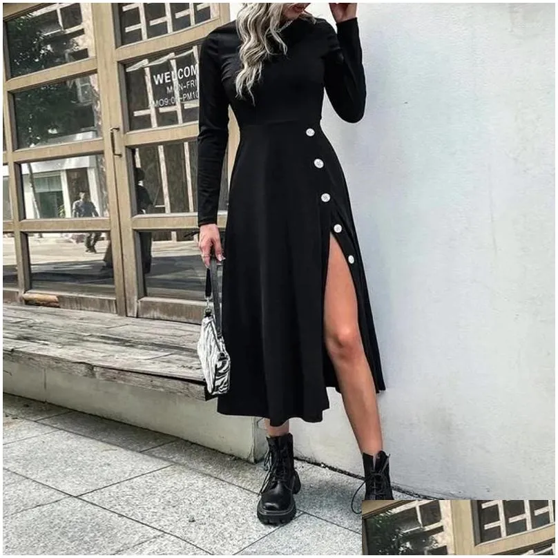 Casual Dresses Sexy Lady Long Sleeve Side Button Slit Dress Spring Autumn Women Solid 2024 Fashion Elegant O Neck Party