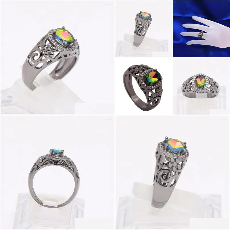 Wedding Rings Vintage Black Promise Flower Design Fashion Jewelry Gift Princess Czech Finger Engagement For Women