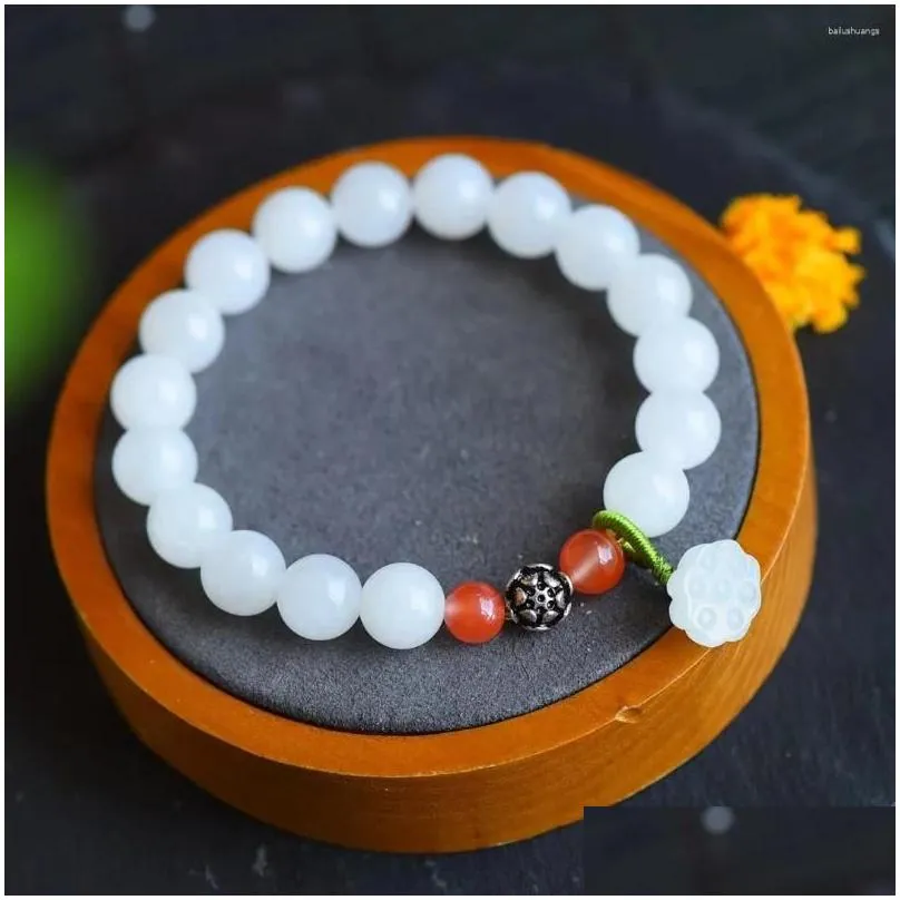 Strand Hetian Jade 10mm Round Bead Bracelet With Lotus Pod Ornaments 9407#