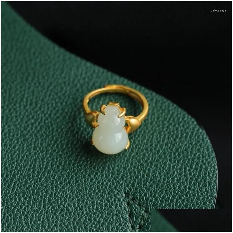 Cluster Rings Original Brand Natural Hetian Jade Gourd Open Adjustable Ring Exquisite Chinese Peach Heart Ladies Silver Jewelry
