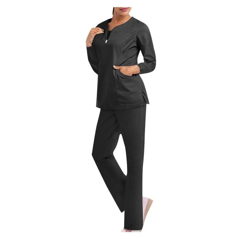 Women`S Two Piece Pants Womens Scrubs Women Working Uniform Pocket Long Sleeves Medicaled Clothing Tops Two-Piece Sets Clinical Unifo Dh9Qi