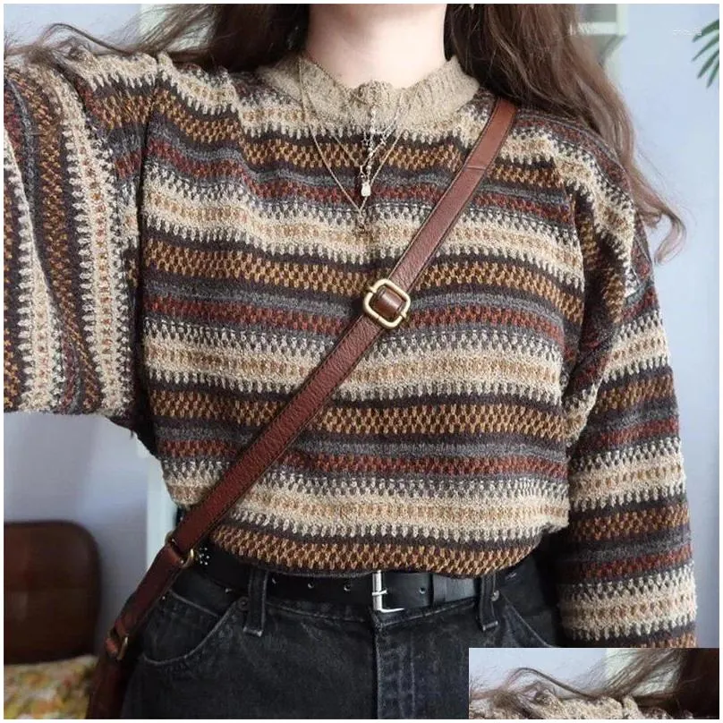 Women`s Sweaters High Street Sweater Striped Contrasting Color Women Vintage O-Neck Long Sleeve Knitwear Pullovers Female Casual Tops