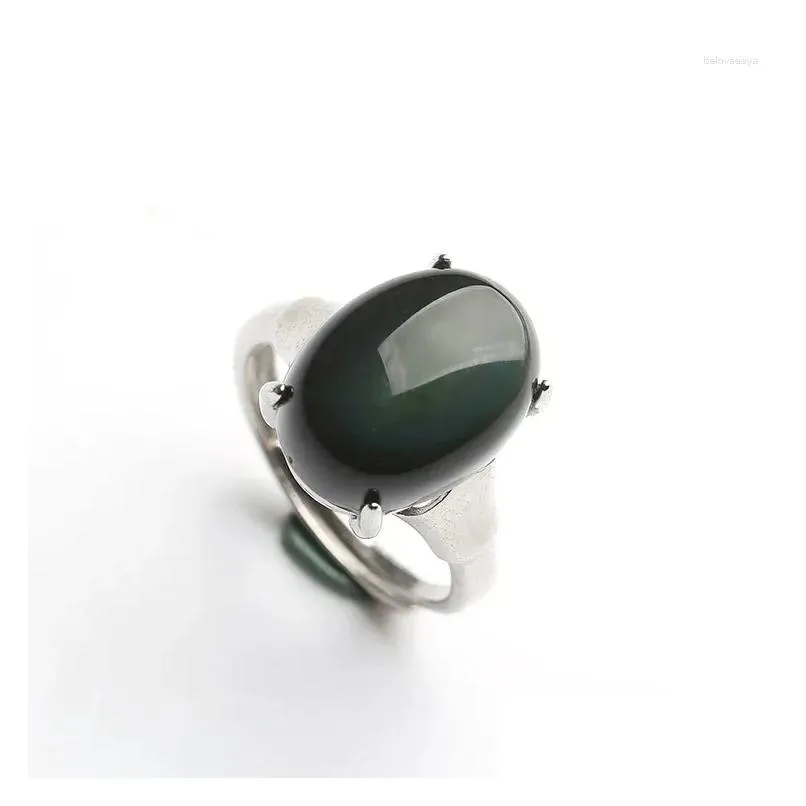 Cluster Rings Natural Obsidian Ring For Men Women Silver Jewelry Fashion Opening Couple Korean Edition Rich And Noble Paired With