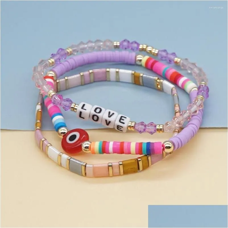 Strand Beaded Bracelet` Soft Pottery Eyes Crystal Fashion Simplicity Versatile Bohemian Adjustable Hand-woven Rice Bead Bracelet Set