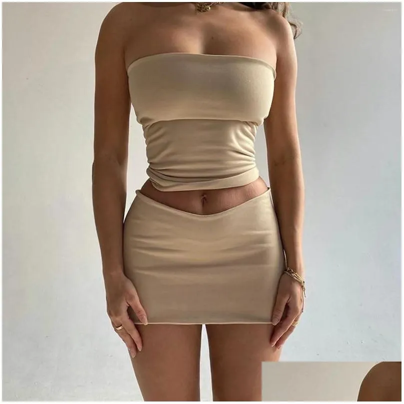 Work Dresses 2024 Sexy Strapless Crop Top And Mini Skirt Suits 2 Piece Set Night Club Outfits Streetwear Women Fashion Y2K Clothes