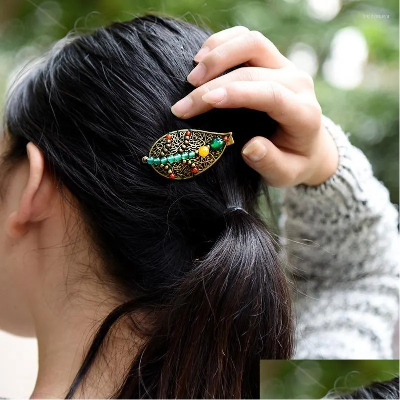 Hair Clips Fashion Nature Stones Vintage Hairjewelry Colored Stone Ethnic Barrettes Thailand Copper Alloy Leaf