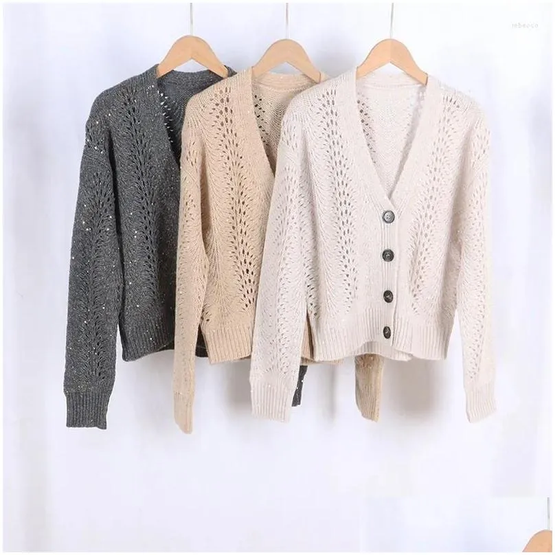 Women`s Knits Cashmere Blends Sweater Knitwear Top Sequin Hollow Out Long Sleeve 2023 Early Autumn Knit Cardigan Or Pullover For Lady
