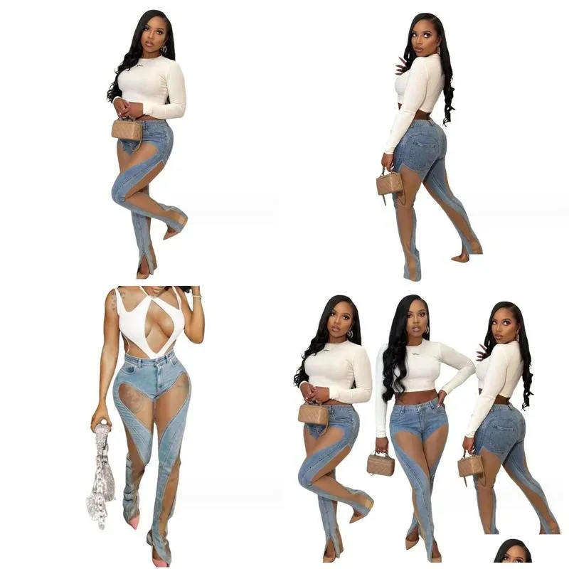 New Women`s Jeans Casual Women Sheer Mesh See Through Pencil Pants Slim Bodycon Denim Streetwear Clothes For Outfit