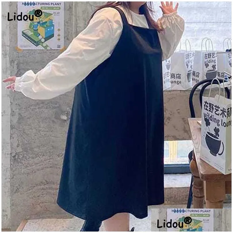 Plus size Dresses Korean Size Clothes Round Neck White Puff Long Sleeve Top Fashion Black Pocket Design Loose Women`s Sets Strap Dress