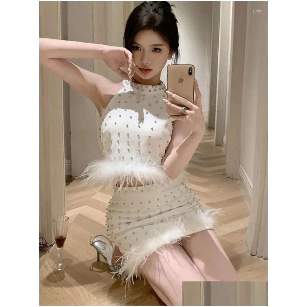 Work Dresses Summer Women`s Suits Two Piece Sets Small Fragrant Luxury Diamonds Tassel Short Tops And Minipencil Skirt Party Outfits