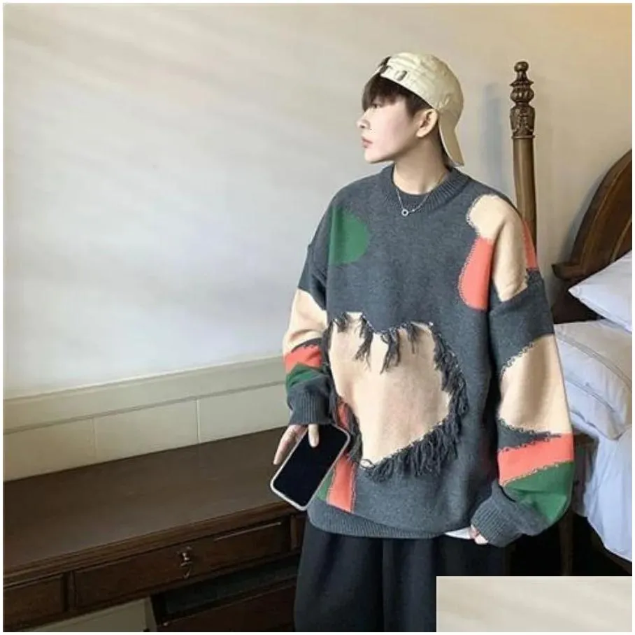 Women`s Sweaters Y2K Lovers Love Tassel Sweater Autumn And Winter Stitching Color Matching Plus Size High Sense Knitwear Round Neck Coat