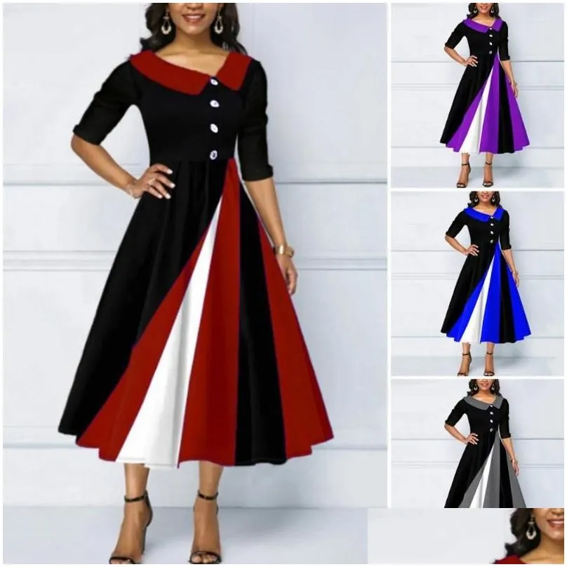 Casual Dresses Midi Dress Zipper Placket Party Lapel Sweet Patchwork Color Elegant Office Dressing Up