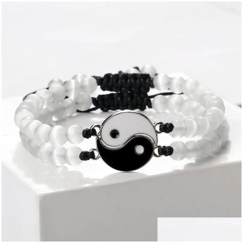 Strand 2Pcs/set Tai Chi Yin Yang Bracelets Natural Stone Lava Beads Adjustable Matching Lover Fashion Couple Jewelry Gift 6mm