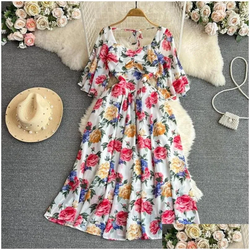 Casual Dresses Summer Retro Style Bubble Short Sleeve Square Neck Waistband Mid Length A-line Fragmented Flower Dress