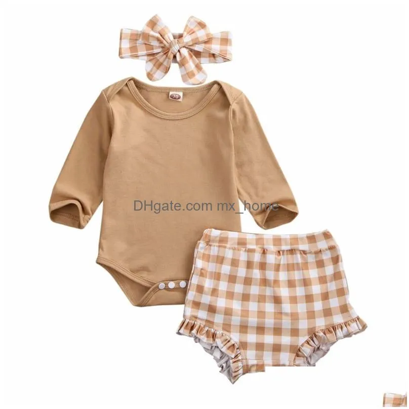 goocheer 3pcs baby girl clothes set toddler born fall long sleeve bodysuit tops plaid shorts headband outfit clothing 0-24m