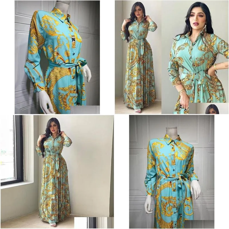 Ethnic Clothing Fashion French Elegant Maxi Dresses For Women Retro Print Muslim Dubai Abaya Lapel Single-Breasted Long Sleeve Drop D Dh9Nh