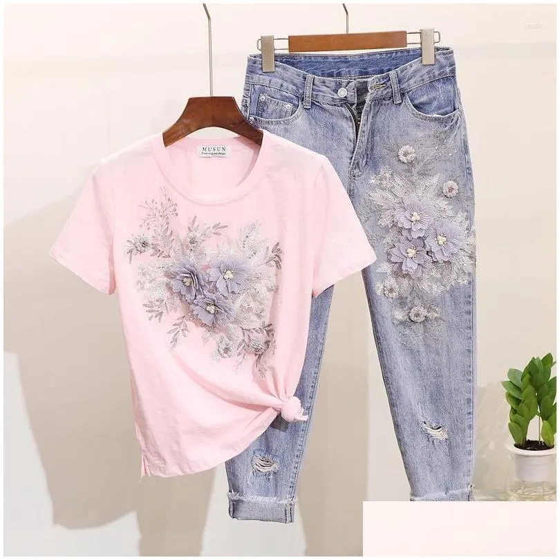 Two Piece Dress Amolapha Women Sequined Beaded 3D Flower Cotton T-Shirt Calf-Length Jeans Clothing Sets Summer Mid Calf Jean Drop Del Dh5Tf