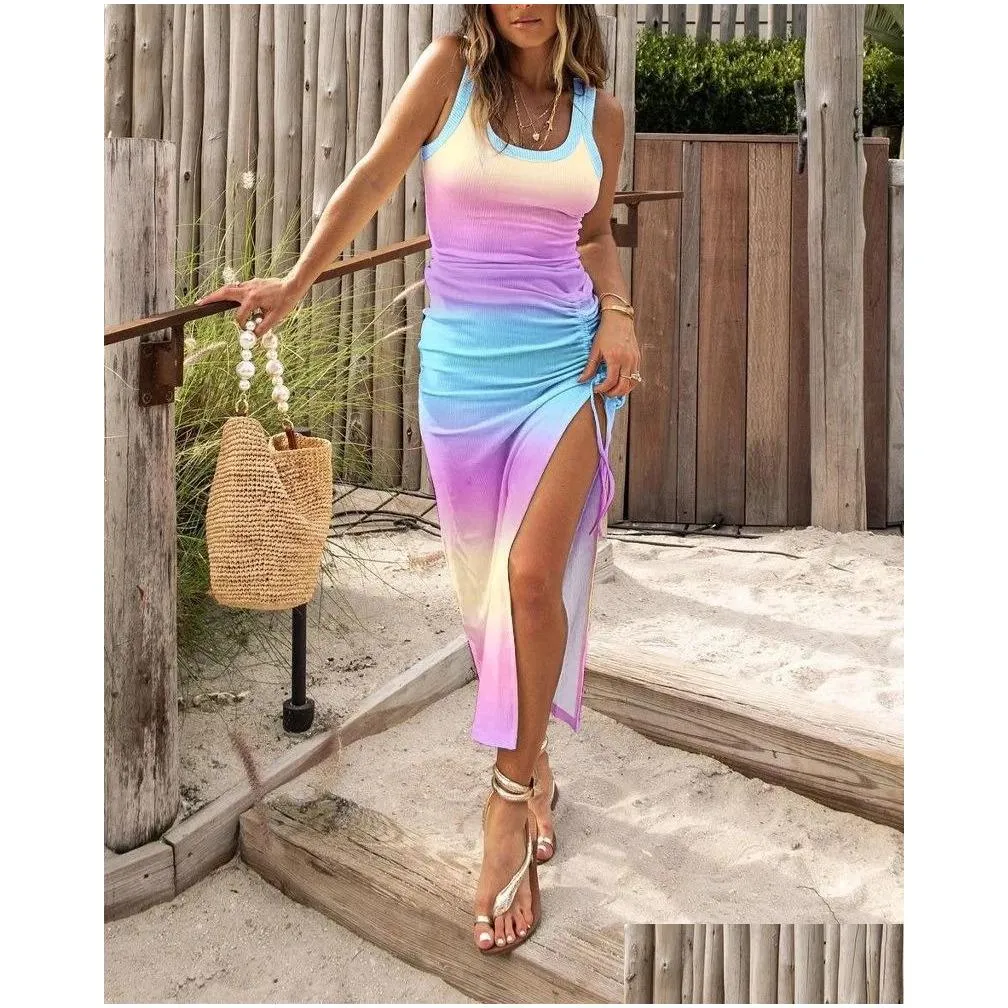 Women Sleeveless Spring Summer Dress Bodycon High Waist Party Sexy O Neck Drawstring Slim Skinny Printed 240323