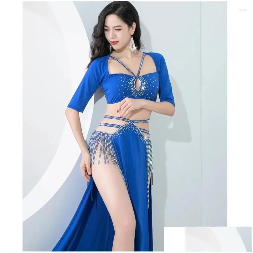 Stage Wear Female Bellydance Tassel Performance Set Belly Dancer Costume For Women Half Sleeves Top&skirt 2Pcs Training Suit Adult