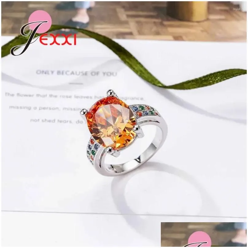 Cluster Rings European Women Oval Orange CZ Crystal Wedding Engagement 925 Sterling Silver Bands Jewelry Wholesale Anillos Bague
