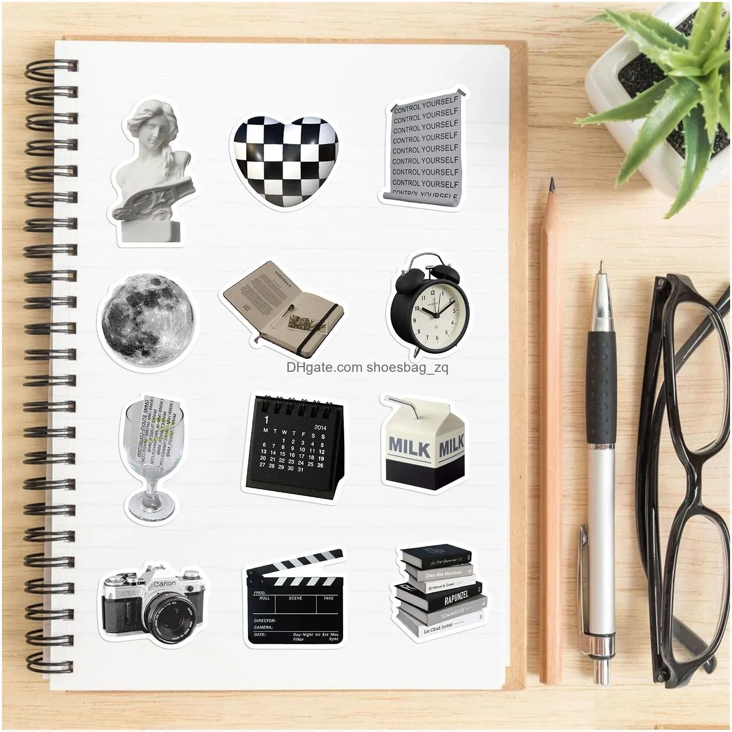 61pcs Retro Black and White Stickers Cool Contracted Art Style Steam Wave Graffiti Stickers for DIY Luggage Laptop Skateboard Motorcycle Bicycle