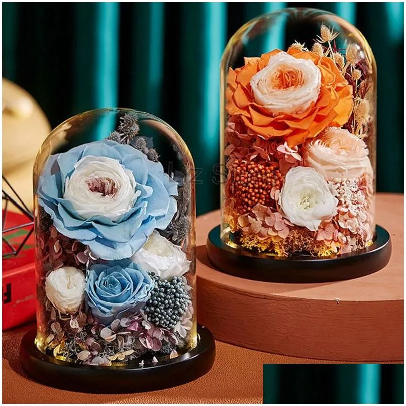 eternal rose flower with glass cover holder valentines mother day preserved immortal roses flower birthday gift decoration flower