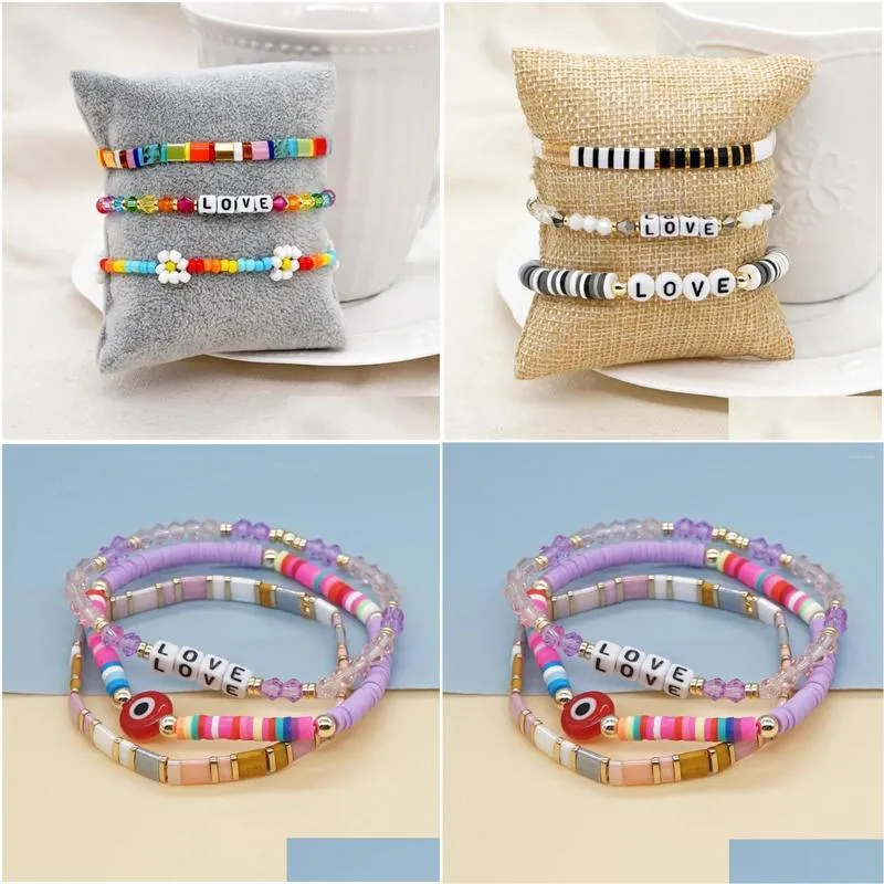 Strand Beaded Bracelet` Soft Pottery Eyes Crystal Fashion Simplicity Versatile Bohemian Adjustable Hand-woven Rice Bead Bracelet Set