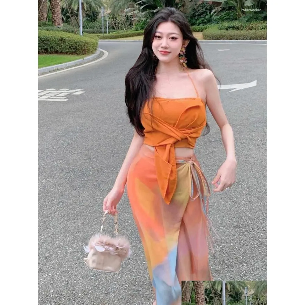 Work Dresses Summer Korean Chic Beach Crop Top 2 Piece Set Women Fashion Lace Up Skirt Backless Orange Blouse Outfits Female Clothes