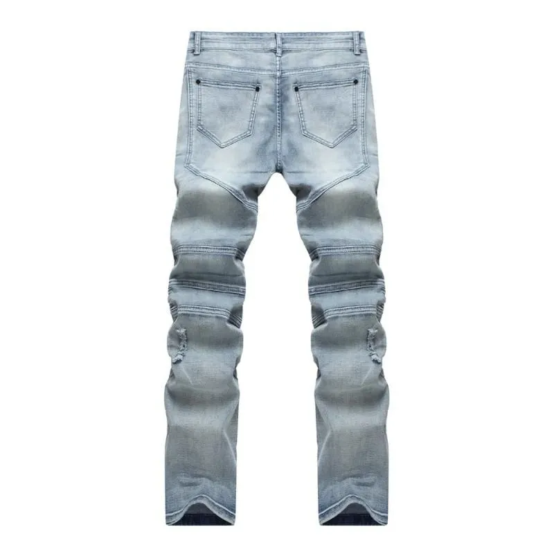 male Biker Jeans destroyed denim fabric elastic Slim Fit Washed Denim skinny Pants Joggers Skinny Men ripped trousers