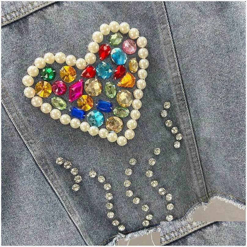 Women Short Denim Jacket Coat Spring Pearl Diamonds Chain Tassel Frayed Burrs Hem Half Sleeve Female Jeans Streetwear 240117