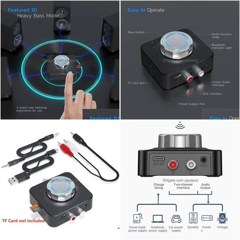 bluetooth 5.0 o receiver 3d stereo music wireless adapter tf card rca 3.5mm 3.5 aux jack for car kit wired speaker headphone1106213